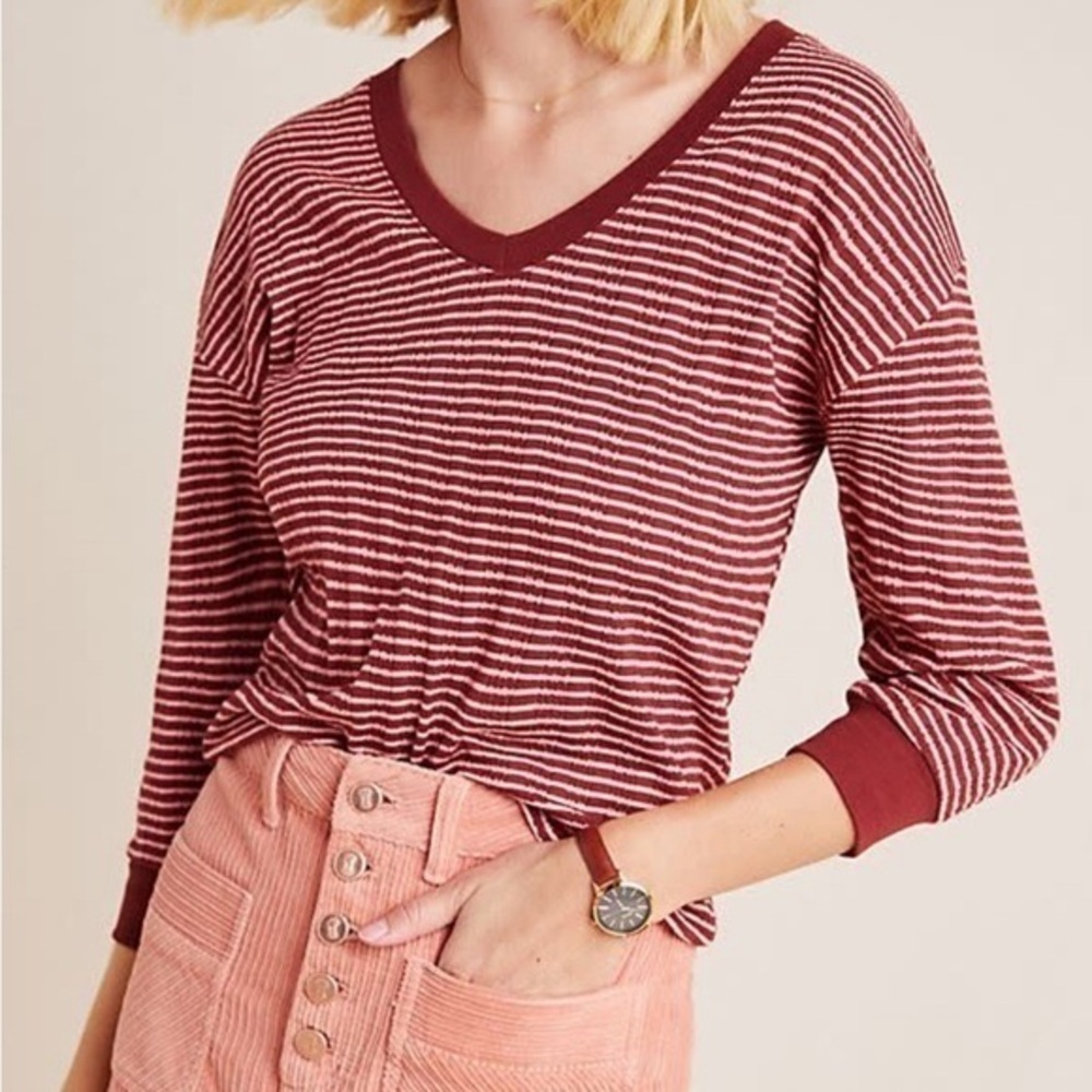 Anthropologie Burgundy Striped 3/4 Sleeve Tee